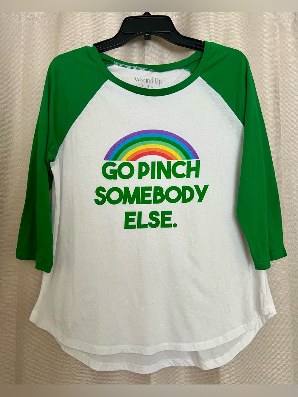 Wound Up XL St Patrick’s Day Go Pinch Somebody Else Rainbow Raglan Top